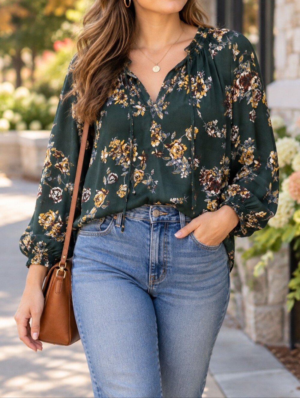 Collective Concepts Forest Green Floral Tie Neck Peasant Blouse Boho Long Sleeve